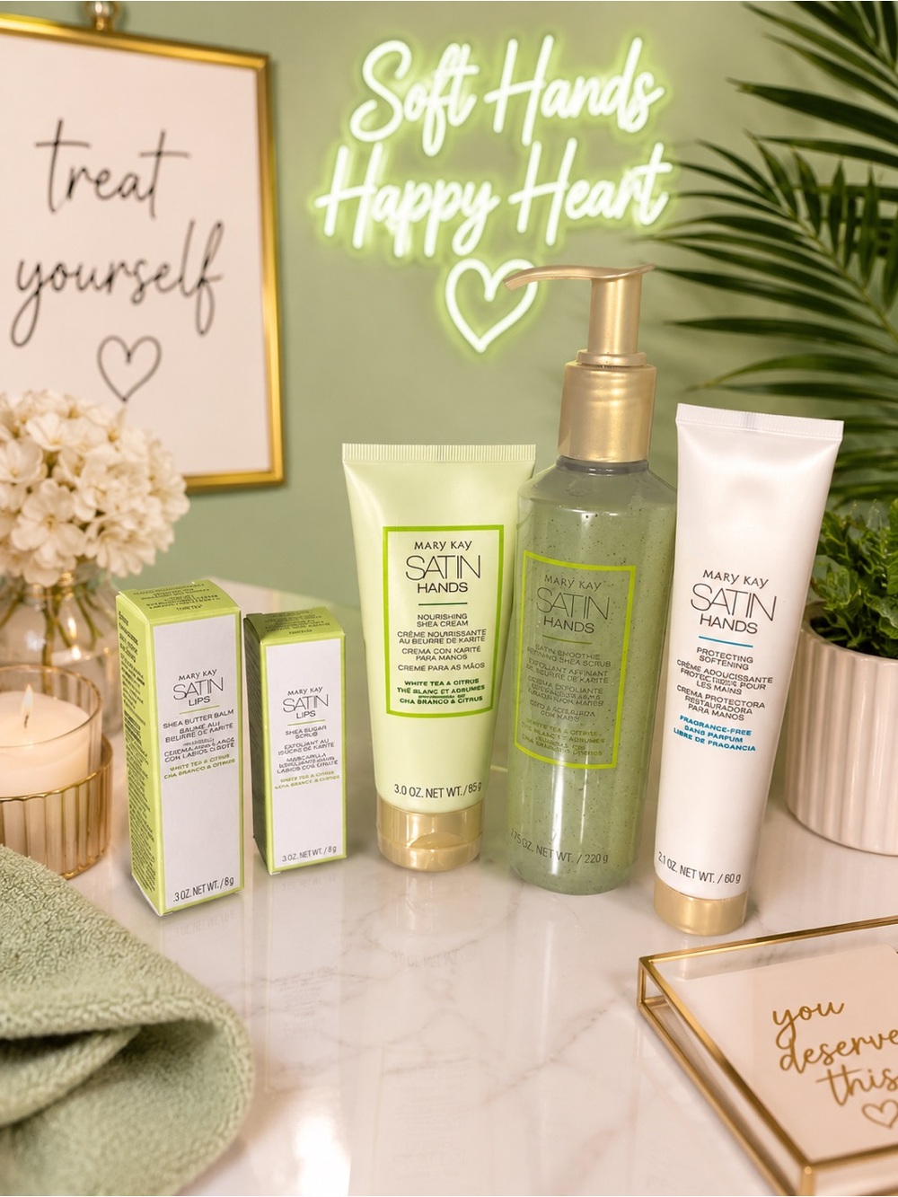 Mary Kay Satin Hands Set in Light Green, White & Gold Accents